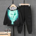 Kid Boy Animal Wolf Print Hoodie Sweatshirt/ Pocket Design Cotton Cargo Pants Turquoise image 1