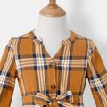 Family Matching Notch Neck Long-sleeve Belted Plaid Dresses and Colorblock Drop Shoulder Hoodies Sets Khaki image 3