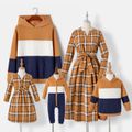 Family Matching Notch Neck Long-sleeve Belted Plaid Dresses and Colorblock Drop Shoulder Hoodies Sets Khaki image 1