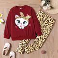 2pcs Kid Girl Cute Rabbit Print Sweatshirt and Elasticized Leopard Print Leggings Set Burgundy image 1
