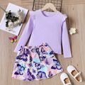 2pcs Kid Girl Ruffled Ribbed Cotton Tee and Butterfly Print Layered Skirt Set Purple image 1