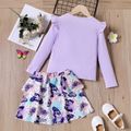 2pcs Kid Girl Ruffled Ribbed Cotton Tee and Butterfly Print Layered Skirt Set Purple image 2