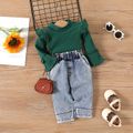 2pcs Baby Girl Green Ribbed Ruffle Flare-sleeve Top and Straight Fit Jeans Set Green image 1