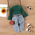 2pcs Baby Girl Green Ribbed Ruffle Flare-sleeve Top and Straight Fit Jeans Set Green image 2