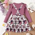 2pcs Kid Girl Ruffled Ribbed Tee and Floral Print Suspender Skirt Set Purple image 4