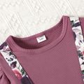 2pcs Kid Girl Ruffled Ribbed Tee and Floral Print Suspender Skirt Set Purple image 2