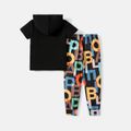 2pcs Kid Boy Letter Print Short-sleeve Hooded Tee and Pants Set Black image 5
