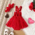 Valentine's Day 2pcs Baby Girl Letter Print Red Corduroy & Mesh Spliced Romper & Headband Set Red image 2