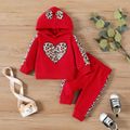 2pcs Baby Girl Leopard Ears Design Heart Graphic Long-sleeve Hoodie and Sweatpants Set Red image 1