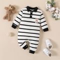 Baby Boy Bear Print Polo Neck Long-sleeve Striped Jumpsuit White image 1