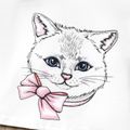 2pcs Kid Girl Cat Kitty Print Long-sleeve Tee and 3D Bowknot Design Smocked Skirt Set White image 3