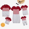 Family Matching 95% Cotton Striped Colorblock Short-sleeve Bodycon Dresses and Polo Shirts Sets WineRed image 1