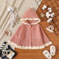 Baby Girl Two Tone Ruffle Trim Hooded Knit Poncho Sweater Pink image 1