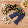 3pcs Baby Girl Ripped Flared Jeans and Allover Sunflower Print Off Shoulder Long-sleeve Bow Front Crop Top & Belt Set Blue image 2
