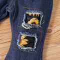 3pcs Baby Girl Ripped Flared Jeans and Allover Sunflower Print Off Shoulder Long-sleeve Bow Front Crop Top & Belt Set Blue image 3