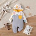 Baby Boy/Girl 95% Cotton Solid Spliced Allover Elephant & Rainbow Print Hooded Long-sleeve Jumpsuit Grey image 1