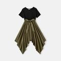 Family Matching Solid Short-sleeve Asymmetric Hem Spliced Cotton Dresses and Colorblock T-shirts Sets Multi-color image 2