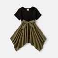 Family Matching Solid Short-sleeve Asymmetric Hem Spliced Cotton Dresses and Colorblock T-shirts Sets Multi-color image 3