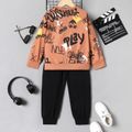 2pcs Kid Boy Letter Print Pullover Sweatshirt and Colorblock Elasticized Pants Set Brown image 2