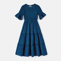 Family Matching Solid Ruffle-sleeve Shirred Tiered Dresses and Colorblock T-shirts Sets Blue image 2