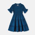 Family Matching Solid Ruffle-sleeve Shirred Tiered Dresses and Colorblock T-shirts Sets Blue image 3