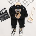 2pcs Toddler Boy Playful Bear Embroidered Sweatshirt and Textured Pants Set Black image 1