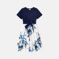 Family Matching 95% Cotton Dark Blue Short-sleeve T-shirts and Floral Print Spliced Dresses Sets DeepSapphireBlue image 3