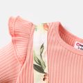 2pcs Baby Girl Floral Print & Solid Ribbed Bow Front Ruffle Long-sleeve Romper & Headband Set Pink image 3