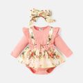 2pcs Baby Girl Floral Print & Solid Ribbed Bow Front Ruffle Long-sleeve Romper & Headband Set Pink image 1