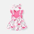 2pcs Baby Girl Bow Front Allover Flamingo Print & Solid Spliced Flutter-sleeve Dress & Headband Set Roseo image 1