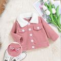 Baby Girl Butterfly Embroidered Pink Corduroy Fuzzy Collar Jacket Pink image 1