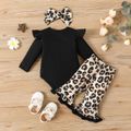 3pcs Baby Girl 95% Cotton Long-sleeve Letter Graphic Romper and Ruffle Trim Leopard Print Flared Pants & Headband Set Black image 2