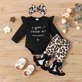 3pcs Baby Girl 95% Cotton Long-sleeve Letter Graphic Romper and Ruffle Trim Leopard Print Flared Pants & Headband Set Black image 1
