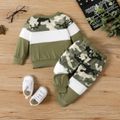 2pcs Baby Boy Letter Print Camouflage Colorblock Spliced Long-sleeve Sweatshirt & Sweatpants Set Army green image 2
