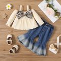 2pcs Baby Girl 100% Cotton Flared Jeans and Leopard Bow Front Cold Shoulder Long-sleeve Ribbed Top Set Apricot image 1