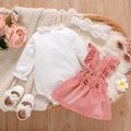 100% Cotton 3pcs Baby Girl Lace Frill Neck Long-sleeve Romper and Ruffle Trim Denim Suspender Skirt with Headband Set Pink image 2