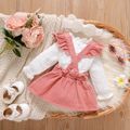 100% Cotton 3pcs Baby Girl Lace Frill Neck Long-sleeve Romper and Ruffle Trim Denim Suspender Skirt with Headband Set Pink image 3