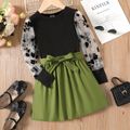 2pcs Kid Girl Floral Mesh Sleeve Tee and Belted Skirt Set Black image 1