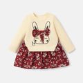 Baby Girl Rabbit Graphic Floral Print Hem Long-sleeve Faux-two Dress WineRed image 1