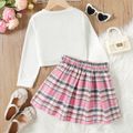 2pcs Kid Girl Figure Print 3D Bowknot Design Long-sleeve Tee and Plaid Pleated Skirt Set Pink image 2