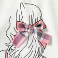 2pcs Kid Girl Figure Print 3D Bowknot Design Long-sleeve Tee and Plaid Pleated Skirt Set Pink image 3