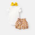 3pcs Baby Girl Cotton Short-sleeve Giraffe & Letter Graphic Romper and Bow Front Naia Bloomer Shorts & Headband Set yellowwhite image 2