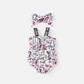 2pcs Baby Girl Allover Heart & Letter Print Bow Front Sleeveless Romper & Headband Set ColorBlock image 2