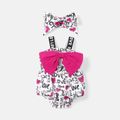 2pcs Baby Girl Allover Heart & Letter Print Bow Front Sleeveless Romper & Headband Set ColorBlock image 1