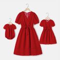 Mommy and Me Red Swiss Dot Sheer Short-sleeve Surplice Neck Belted Dresses Red-2 image 1