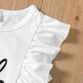 2pcs Kid Girl Letter Print Flutter-sleeve Tee and Heart Print Belted Shorts Set Black image 4