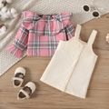 2pcs Baby Girl Plaid Ruffle Collar Long-sleeve Top and Solid Corduroy Overall Dress Set Pink image 1