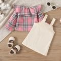 2pcs Baby Girl Plaid Ruffle Collar Long-sleeve Top and Solid Corduroy Overall Dress Set Pink image 2
