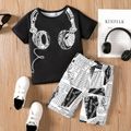 2pcs Kid Boy Headphone Print Short-sleeve Tee and Letter Allover Shorts Set Black image 1