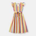 Family Matching Cotton Short-sleeve T-shirts and Colorful Striped Flutter-sleeve Dresses Sets Colorful image 2